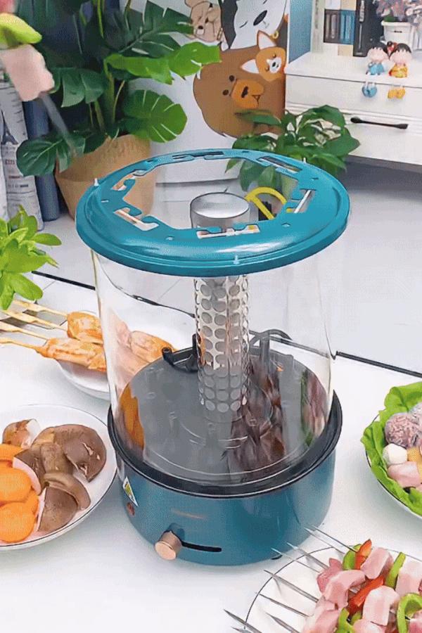 Electric rotating grill by Bazaar E Arab with rotating cooking surface and sleek design for even grilling.