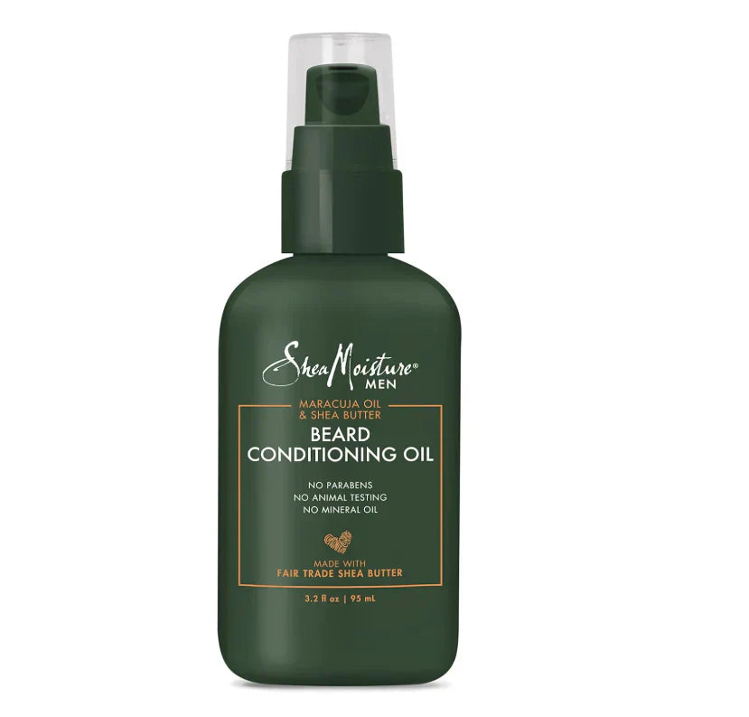 SheaMoisture Men Maracuja Oil and Shea Butter beard conditioning oil bottle with dropper, suitable for grooming and moisturizing beards.