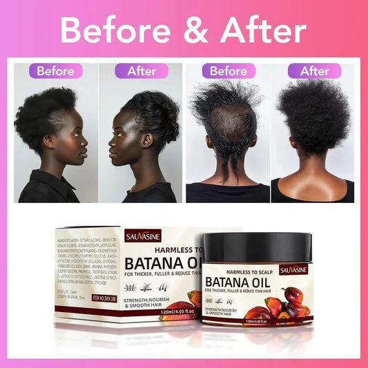 Bottle of Desert Hubs Batana Hair Oil, original formula, with natural ingredients visible in the clear container.