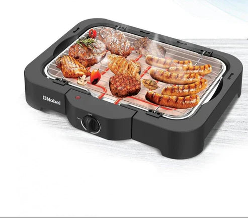 Nobel Electric Grill by My Store showing a sleek black electric grill with a stainless steel lid and adjustable temperature control