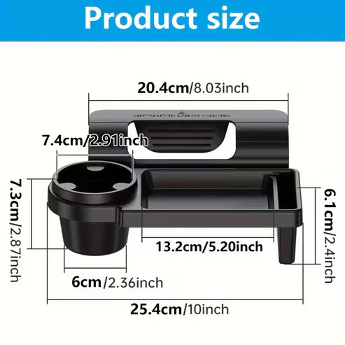 Car armrest with built-in mobile phone holder and cup holder for convenient access and secure storage in vehicles.