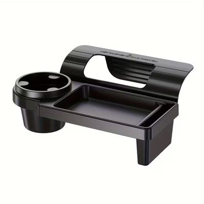 Car armrest with built-in mobile phone holder and cup holder, designed for convenient in-car storage and accessibility.
