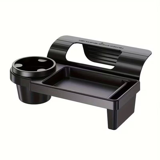 Car armrest with built-in mobile phone and cup holder for convenient in-car storage and easy access.