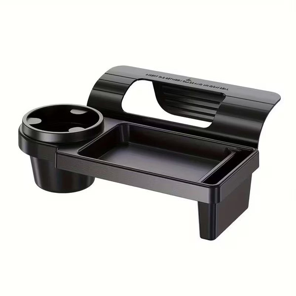 Car armrest with built-in mobile phone and cup holder for convenient in-car storage and easy access.