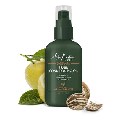 SheaMoisture Men Maracuja Oil and Shea Butter beard conditioning oil bottle with dropper, designed for nourishing men's beards.
