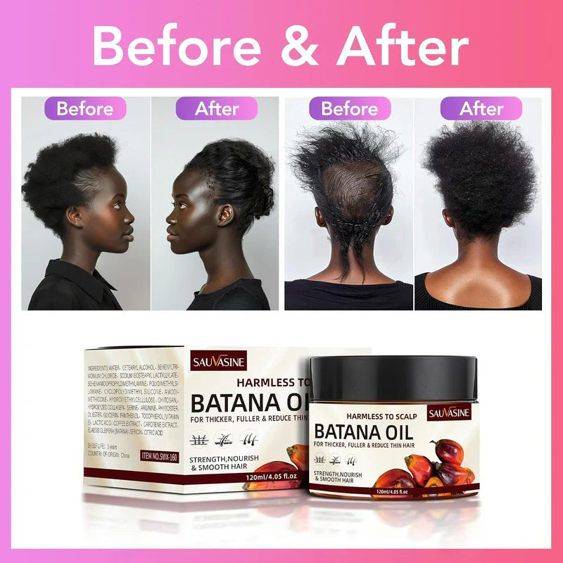 Bottle of Desert Hubs Batana Hair Oil, original formula, with natural ingredients visible in the clear container.