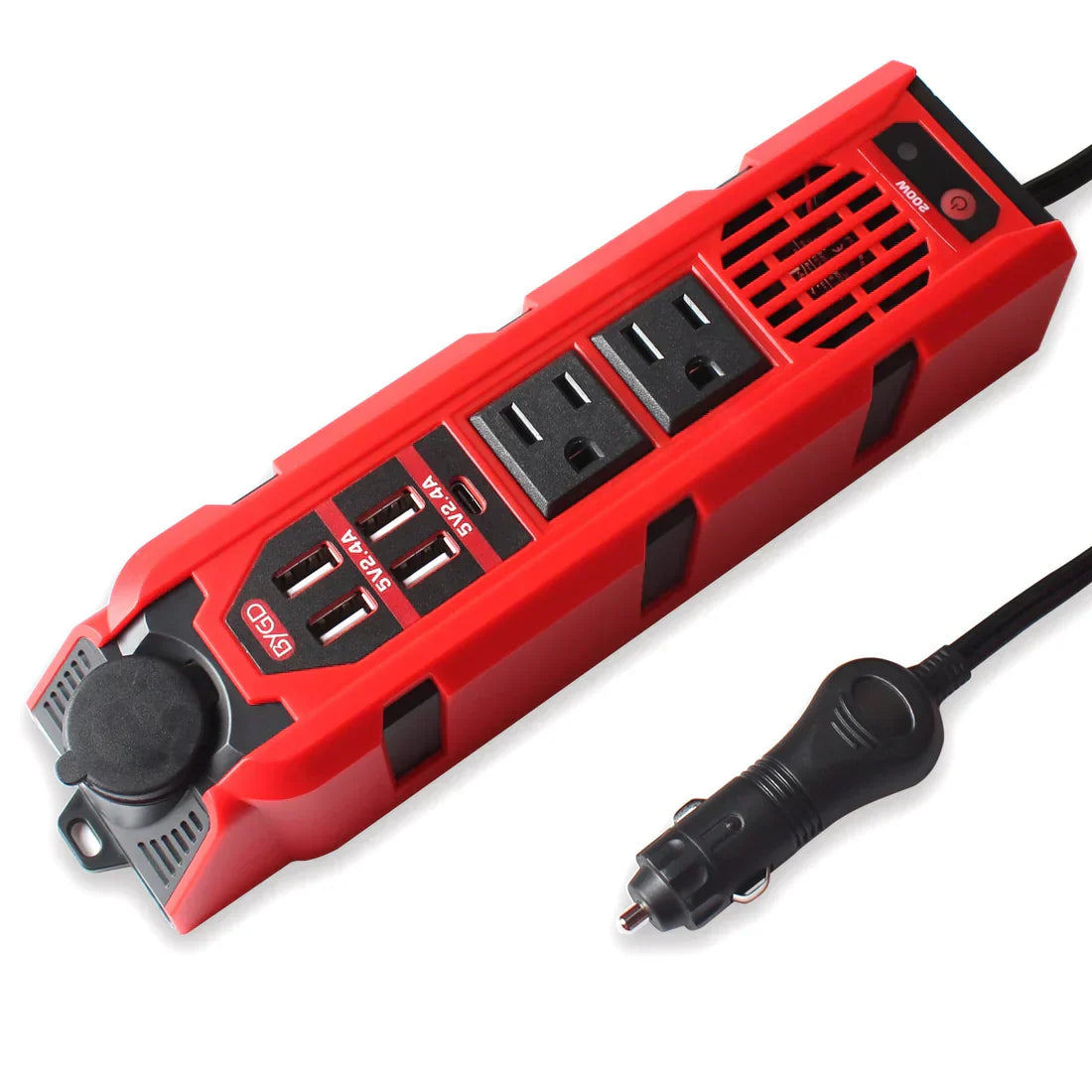 Bloom Mart BYGD portable power inverter showing compact design with multiple outlets and power buttons for on-the-go use.