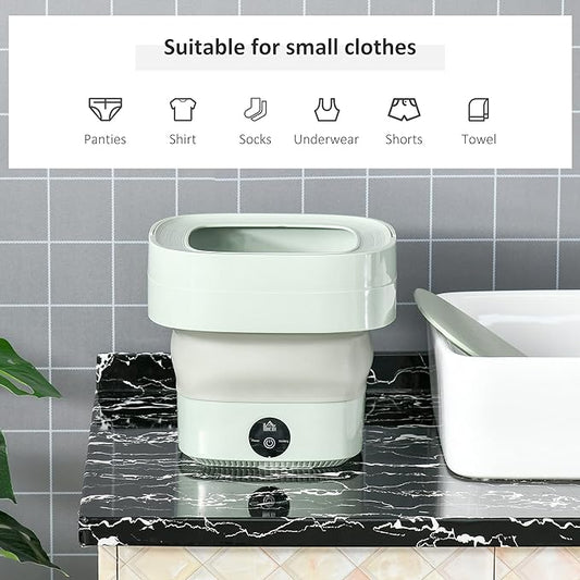 Compact Bloom Mart foldable mini laundry machine with white exterior, portable design, and control panel for easy use.