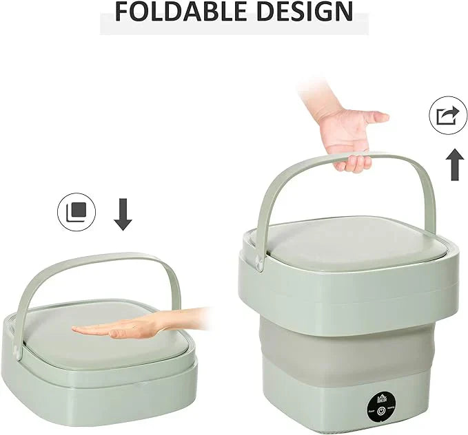 Bloom Mart foldable mini laundry machine with compact design, white plastic body, and control panel for easy laundry washing.