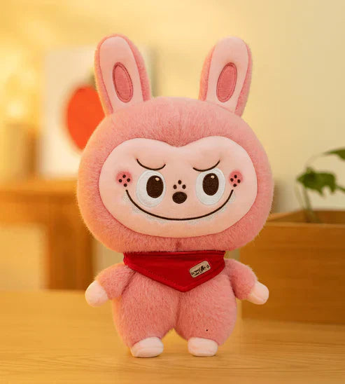 Cute Labubu bunny plush toy with soft pink and white fur, featuring big embroidered eyes and a small cuddly body.