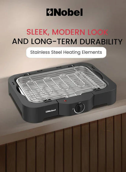 Nobel electric grill by My Store with a sleek black design, cooking surface, and control knob for indoor grilling.