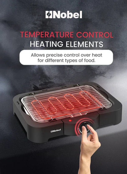 Nobel electric grill by My Store with a sleek black design, heated grilling surface, and control dial for indoor cooking.