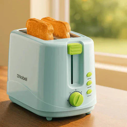 Nobel Toaster Breakfast Made Simple in sleek black with two wide slots for toasting bread and bagels.