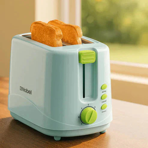 Nobel Toaster Breakfast Made Simple in sleek black with two wide slots for toasting bread and bagels.