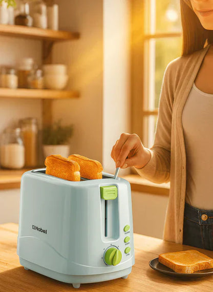 Nobel Toaster Breakfast Made Simple in sleek design, featuring slots for toasting bread slices and control buttons on the front.