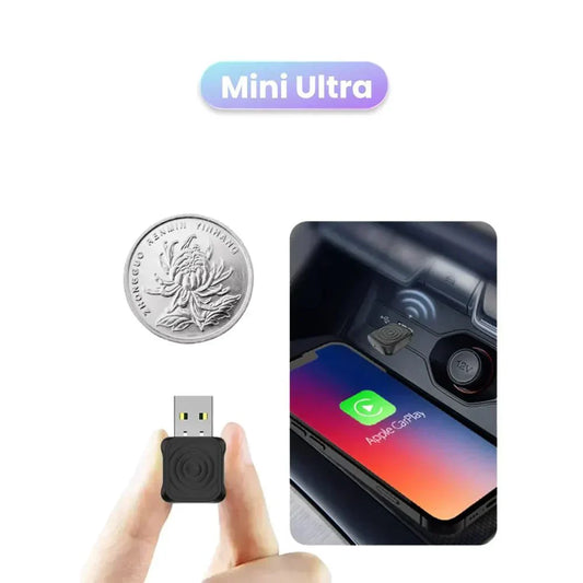 Wireless Car Play Adapter by My Store shown connected to a car dashboard, enabling seamless smartphone integration.